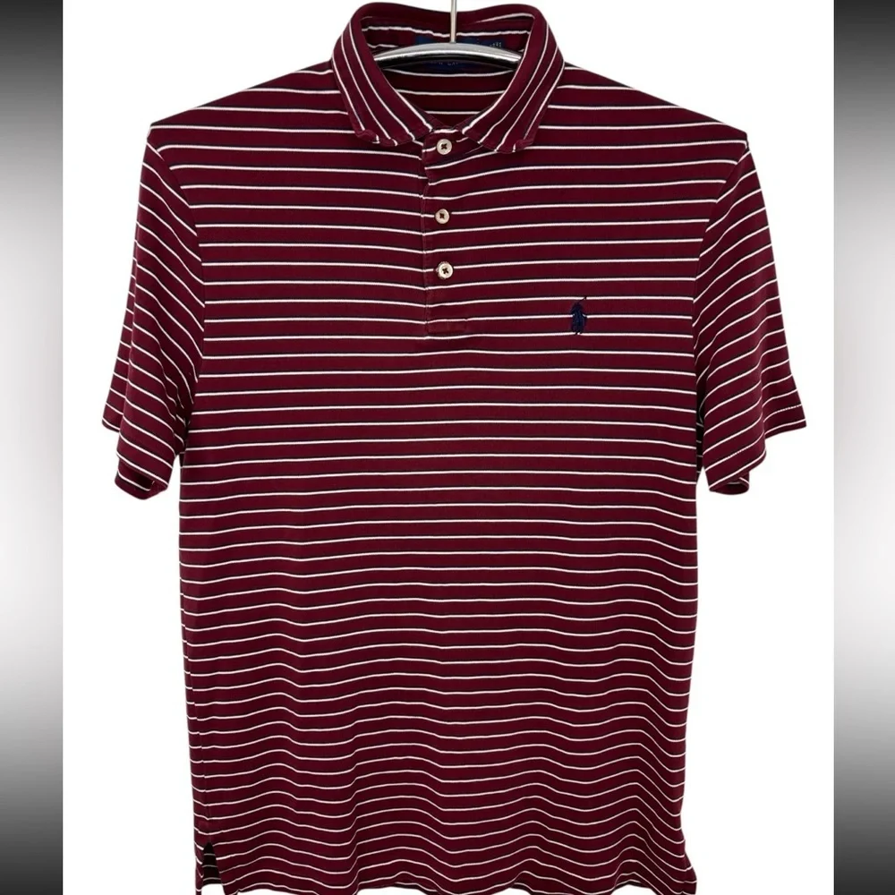Ralph Lauren Maroon and White Striped Polo with Iconic Embroidered Logo